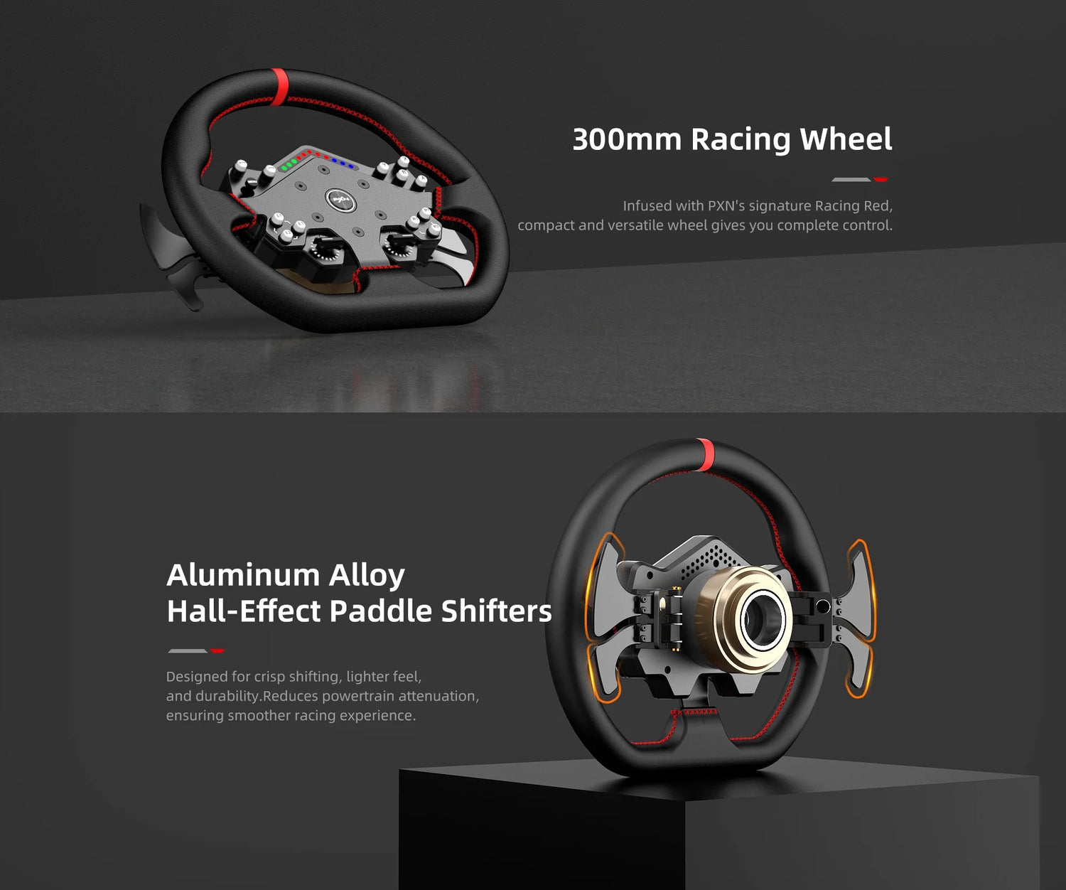 300mm W DS R2 Flat Bottom Steering Wheel with Hall Effect Paddle Shifters