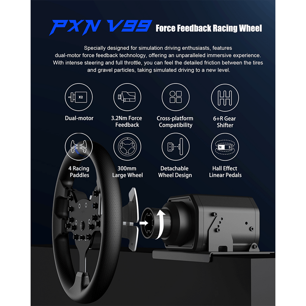 PXN V99 Racing Wheel – 3.2 Nm Dual‑Motor FFB for PC/PS4/Xbox – PXN Official